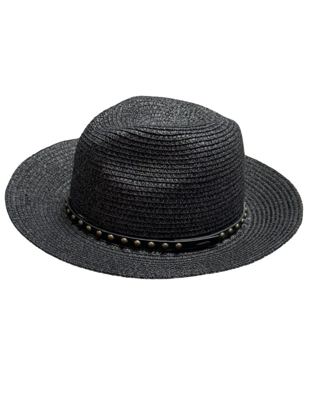 Adrienne Vittadini Black Paper Straw Fedora Wide Brim Studded Hat 22 Inch